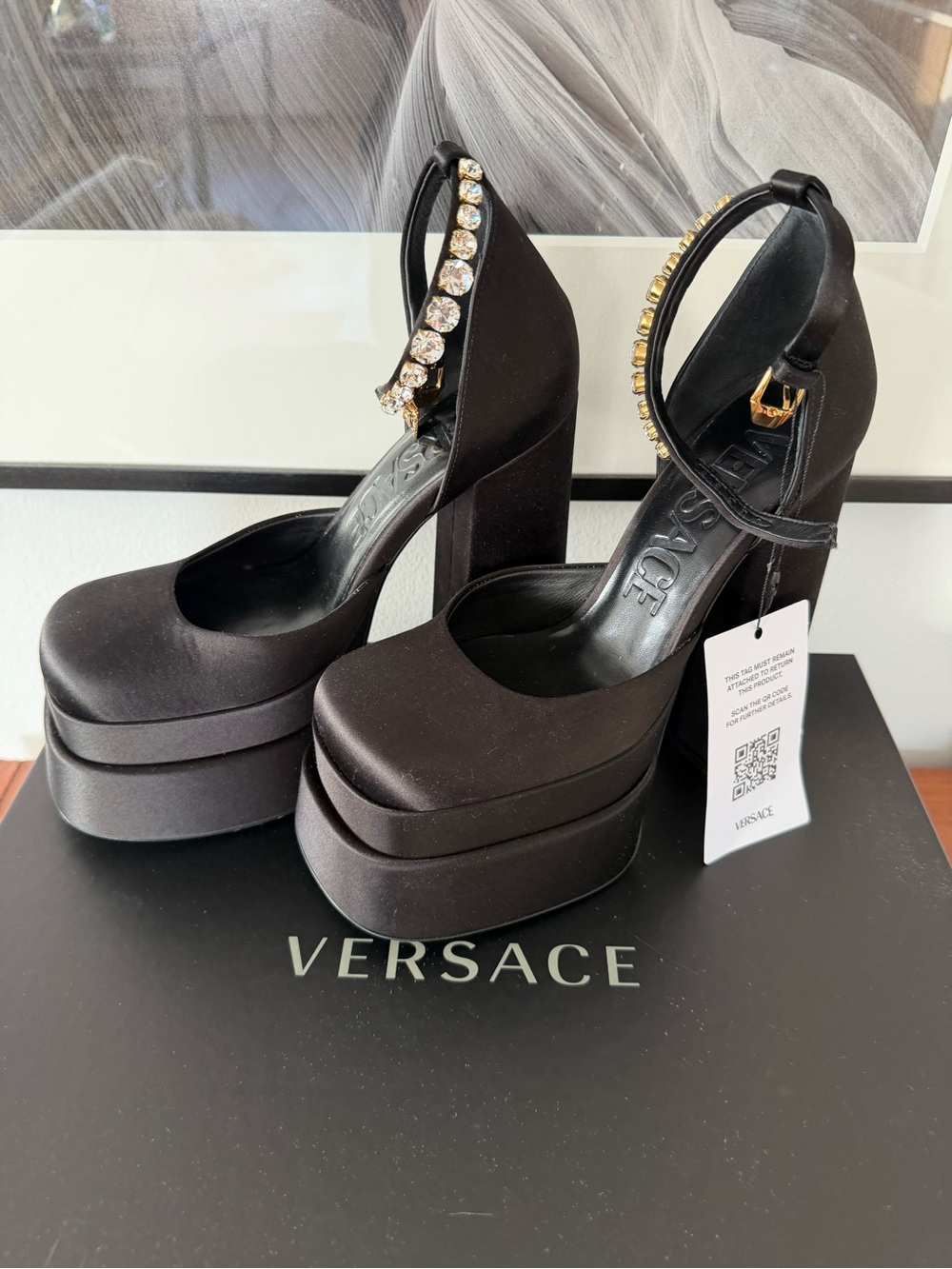 Versace Black Satin Platform Pumps with Crystal-Ankle Strap